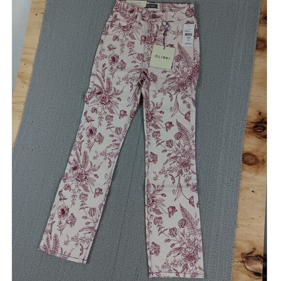 DL1961 Mara Ankle Jeans 23X27 White/Red High Rise Instasculpt Stretch Floral - Picture 3 of 16